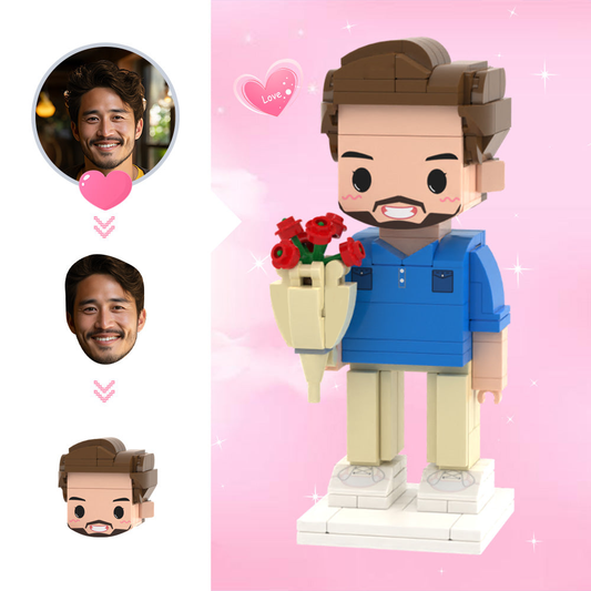 Personalised cute head brick figure of one person holding a rose, custom photo-to-brick figure keepsake ideal as a unique Valentines Day gift