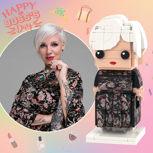 Front view of a Personalised Boss's Day Brick Figure — custom full-body 1-person mini block toy with personalised hairstyle, facial expression and clothing in eco-friendly ABS