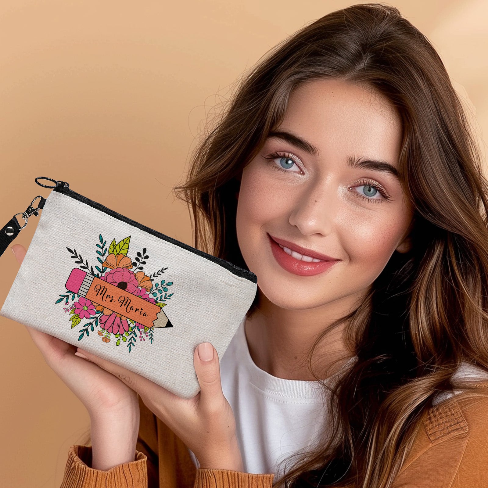 Floral personalised canvas bag styled with stationery – back-to-school teacher appreciation concept