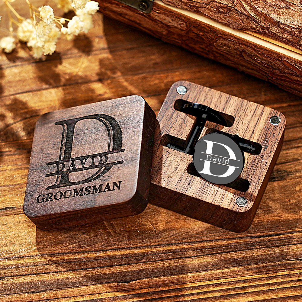 Personalised Engraved Cufflinks Set in Wooden Box | Wedding Gift for Groomsmen