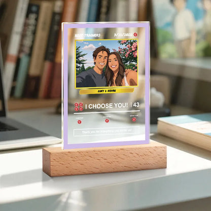 Close-up of the personalised night light showing the photo and text on clear acrylic.