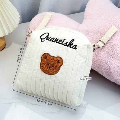 Close-up of the embroidered name on the Personalised Stroller Hanging Bag, crafted in premium cotton.