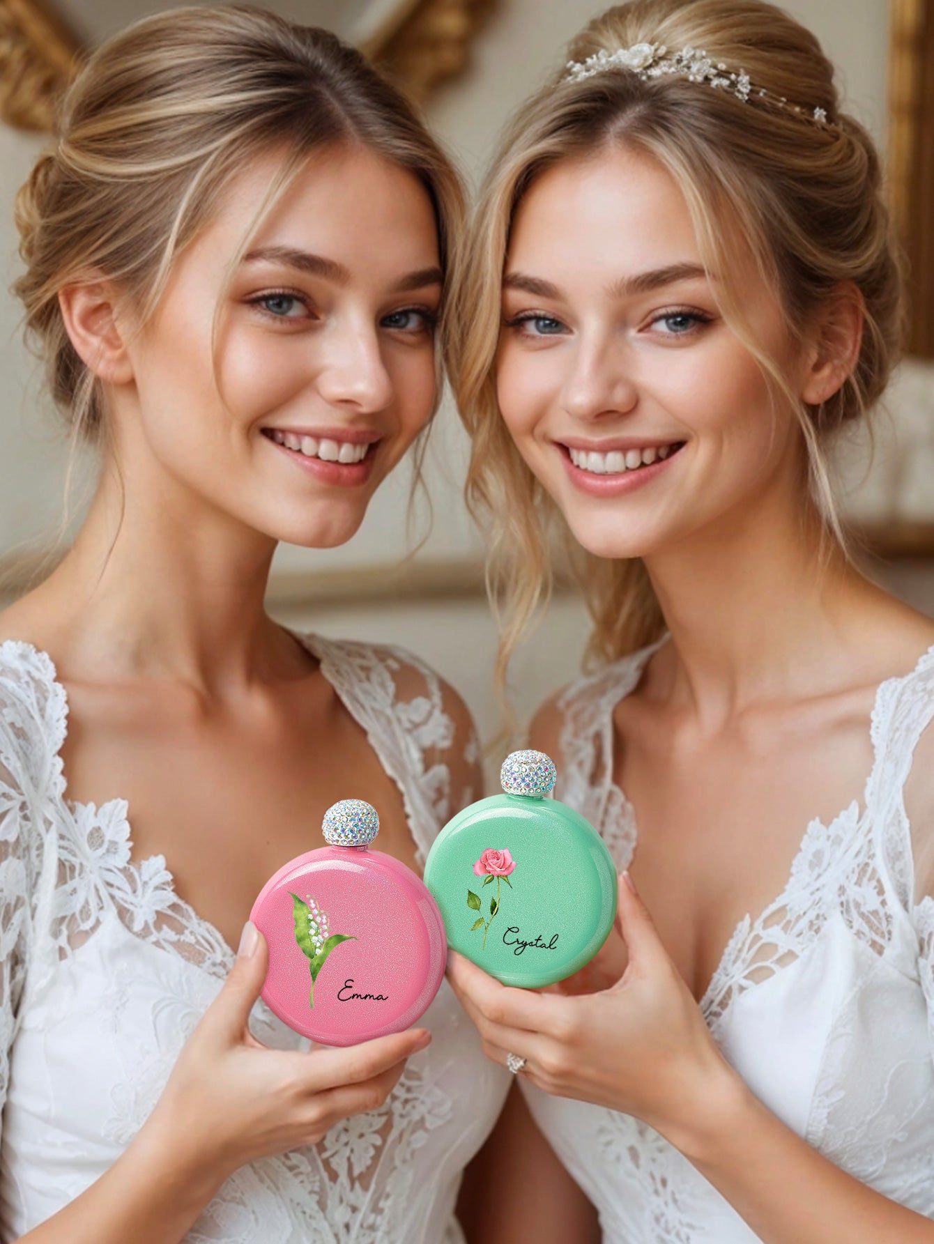 Personalised Birth Flower Round Flask with Name - 5oz Glitter Bridesmaid Gift