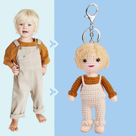 Custom Crochet Doll Keychain personalised handwoven 10cm miniature doll keyring handcrafted keepsake gift with detailed facial features, hair and outfit