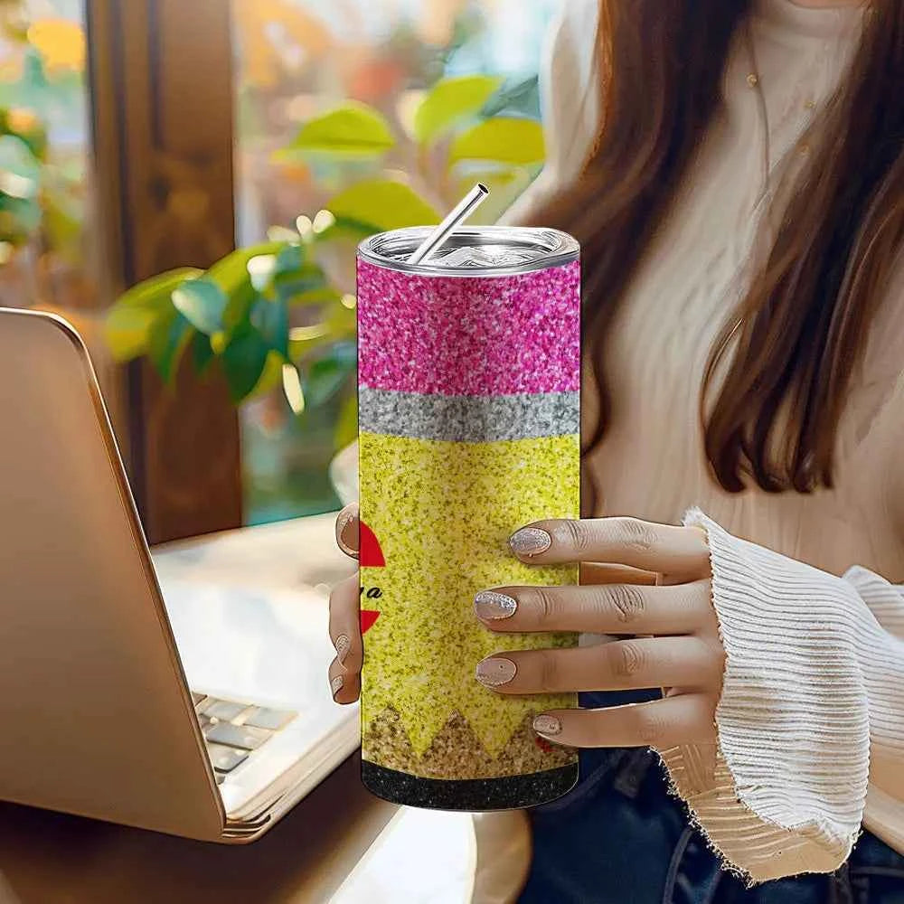 Personalized Glitter Apple 20oz Skinny Tumbler with Straw Back to School Appreciation Gift for Teacher