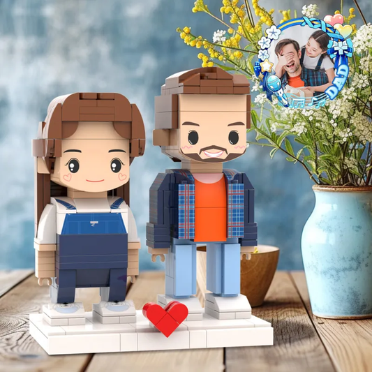 Customised Dad and daughter full-body brick figures personalised from a photo — personalised photo minifigures with AI-generated heads, ideal anniversary or birthday gift