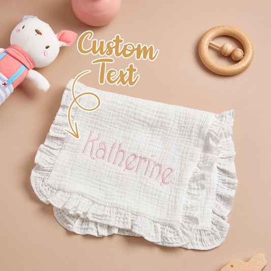Personalised baby muslin towel with embroidered name on soft 100% cotton muslin, breathable and baby-safe.