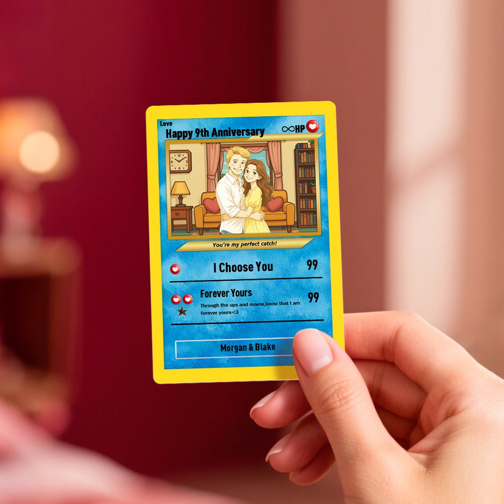 Close-up of personalised poke card engraving with a short message and character details on wooden and PVC layers, ideal for Valentine's Day and anniversary keepsake