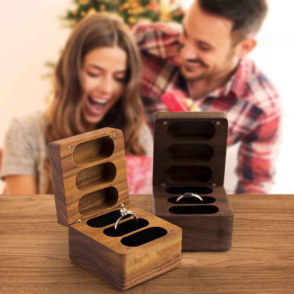 Personalized Triple Slot Ring Storage Wedding Engagement Proposal Wood Ring Box