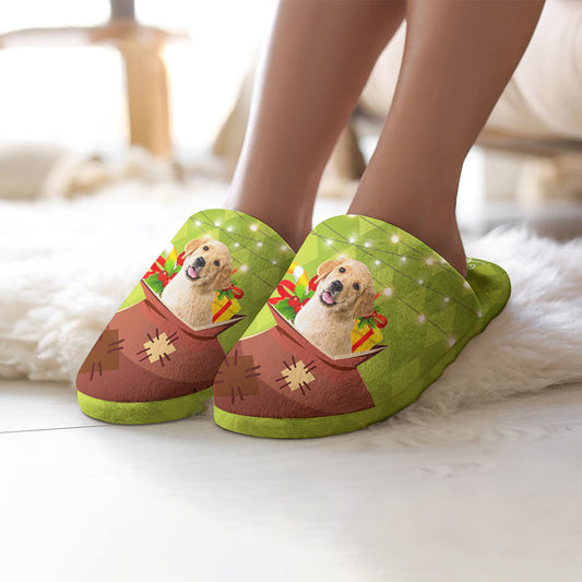 Personalised Christmas cotton slippers with custom photo printed on soft flannel upper, cotton lining and waterproof non-slip TPR sole — ideal personalised photo gift.