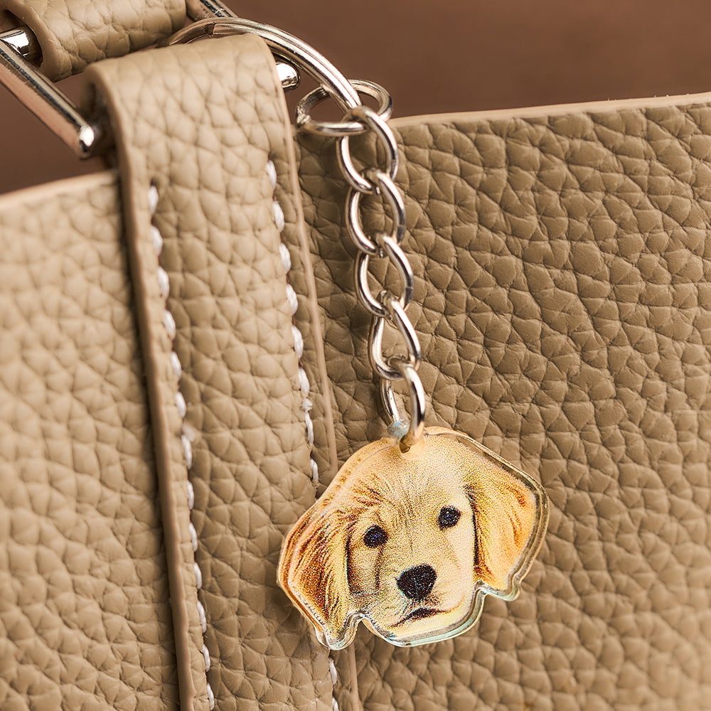 Personalised pet portrait acrylic keychain showing a custom dog photo on a sturdy split ring — perfect custom pet keyring and pet lover gift