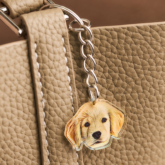 Personalised pet portrait acrylic keychain showing a custom dog photo on a sturdy split ring — perfect custom pet keyring and pet lover gift