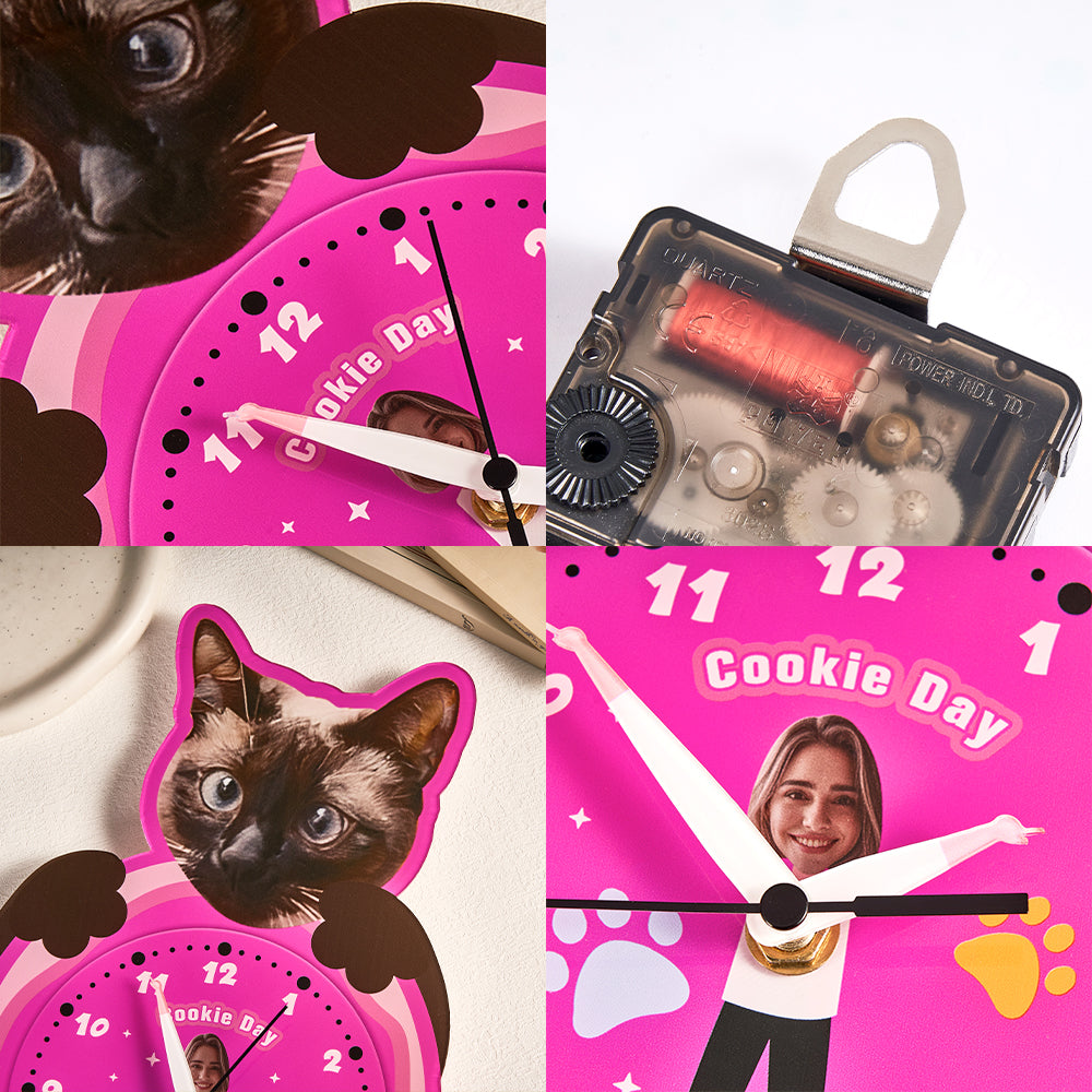 Rear view showing hanging hook and 3 cm thickness of personalised pet and owner wall clock — easy-to-hang acrylic clock (W21.4 x H39.6 x T3 cm)