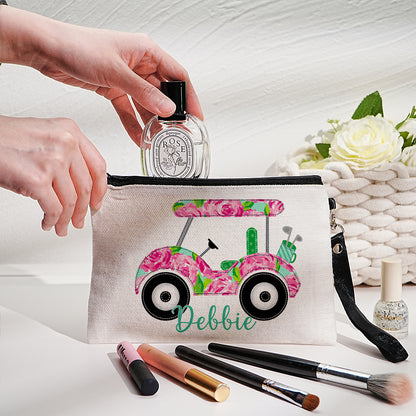 Personalised golf cart makeup bag open showing interior space for brushes and cosmetics — travel-friendly toiletry pouch