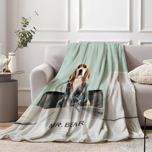 Personalised Funny Pet Blanket with custom pet name and playful dog illustration on soft flannel — the perfect custom dog office throw for cosy evenings and travel