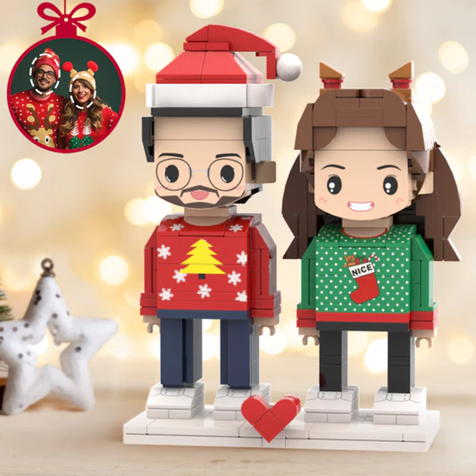 Personalised Christmas dress couple mini brick figures - custom head mini brick toy set in festive outfits, personalised couple gift made from eco-friendly ABS