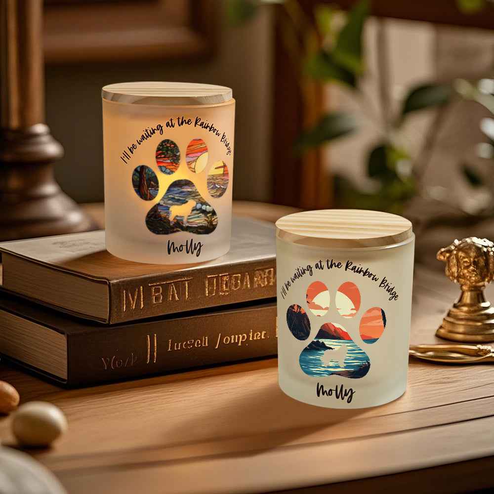 Personalized Dog Silhouette Rainbow Bridge Paw Candle Jar with LED Candle Memorial Gift for Pet Lover