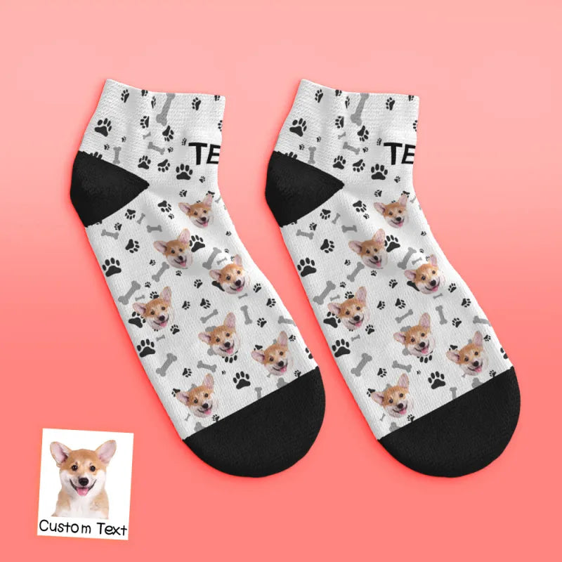 Folded personalised dog face ankle socks — soft polyester, suitable as a custom pet gift in UK and Australia