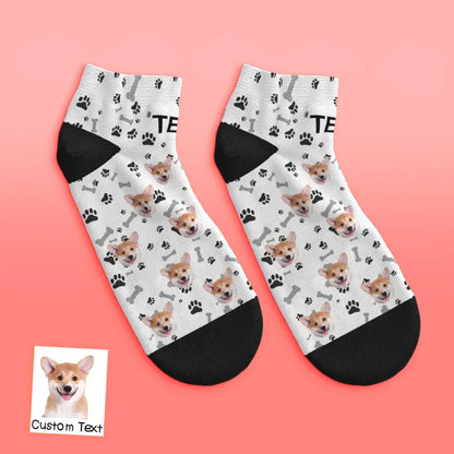 Folded personalised dog face ankle socks — soft polyester, suitable as a custom pet gift in UK and Australia