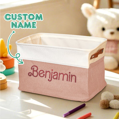Personalised Linen Storage Basket with Name - Custom Toy Organiser Bin for Children