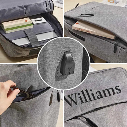 15.6-inch laptop sliding into the dedicated sleeve of a personalised name backpack — protective custom laptop backpack for students and commuters