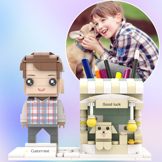Personalised Brick Figure Pen Holder front view — custom brick figure desk organiser in eco-friendly ABS holding pens and stationery