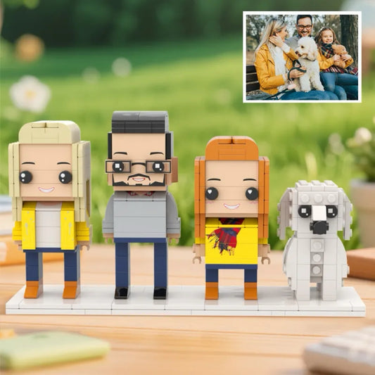 Personalised full‑body brick figures of three people with a cute dog illustration — handcrafted custom brick figures ideal as anniversary or birthday gifts