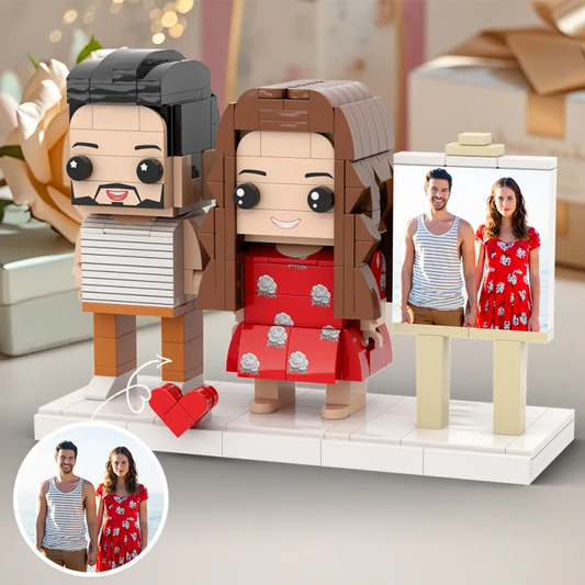 Personalised two-person photo frame featuring customisable brick figures of a couple on a wooden base — bespoke ABS building-block keepsake gift