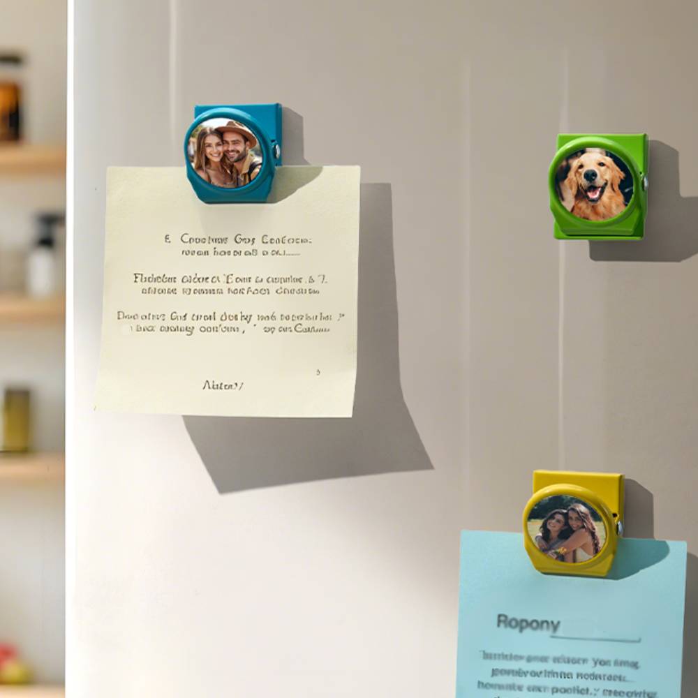 Teacher appreciation use of personalised photo magnets displaying class photos on a classroom whiteboard or fridge