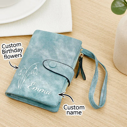 Personalised Birth Flower Wallet Card Holder in soft PU leather showing a custom name and floral birth‑flower print — compact birthday gift for her