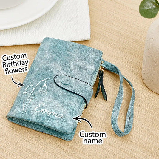 Personalised Birth Flower Wallet Card Holder in soft PU leather showing a custom name and floral birth‑flower print — compact birthday gift for her