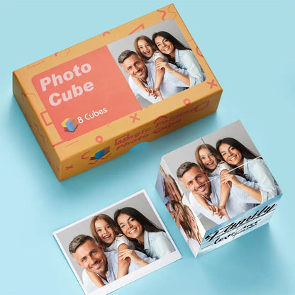 Angled view of a Personalised Photo Magic Cube revealing flipping panels and multiple custom photos — ideal family gift, wedding or anniversary keepsake