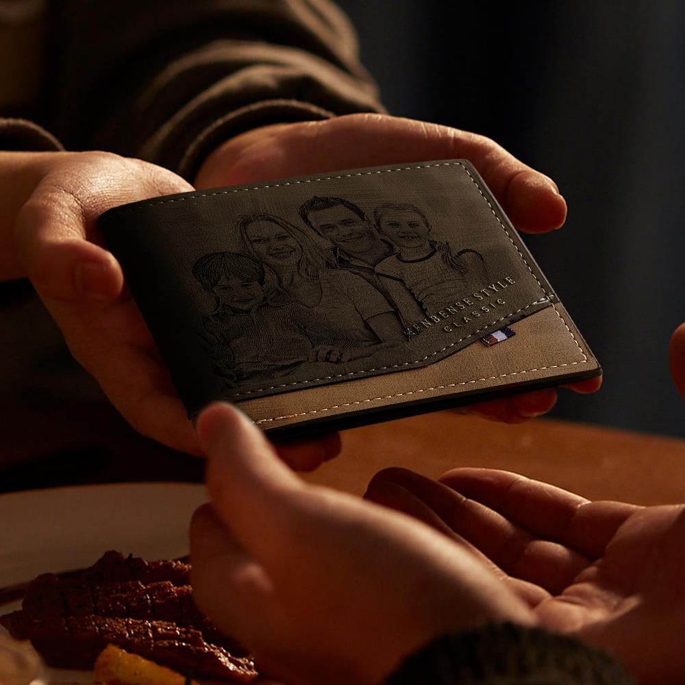 Detailed macro of laser-engraved photo on PU leather personalised wallet highlighting high-resolution engraving and clean edges
