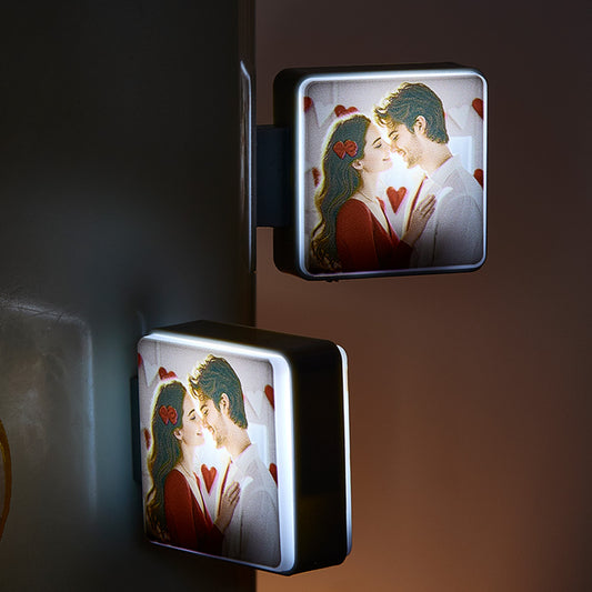 Personalised photo fridge magnet with light showing a glowing family photo on a stainless-steel fridge — custom LED photo magnet