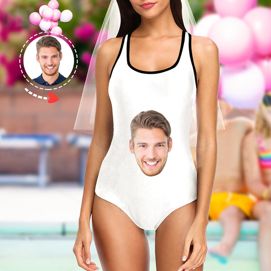 Personalised photo one-piece swimsuit front view with custom face print – women's customised swimwear, perfect personalised gift for her