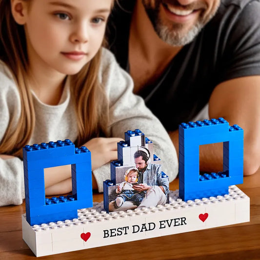 Personalised Dad photo building brick puzzle on display – custom text photo block with vivid UV print, ideal Father's Day gift