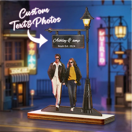 Personalised wooden photo light stand displaying a couple's memories; custom photo gift for Valentine’s Day or anniversaries.