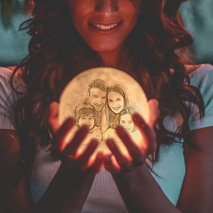 Personalised 3D-Printed Photo Moon Lamp on wooden base displaying double-sided custom photo and engraved text, soft adjustable LED ambience — perfect customised lunar light gift