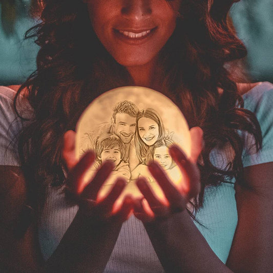 Personalised 3D-Printed Photo Moon Lamp on wooden base displaying double-sided custom photo and engraved text, soft adjustable LED ambience — perfect customised lunar light gift