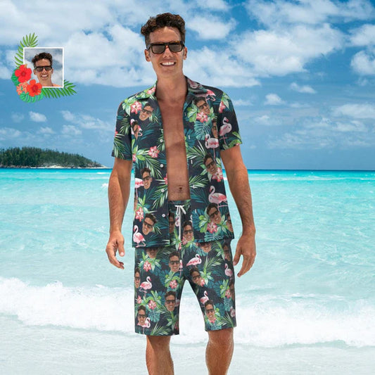 Personalised Face Hawaiian Shirt and Beach Shorts Set for men with your photo on flamingo and flower print — custom holiday outfit, sublimation print