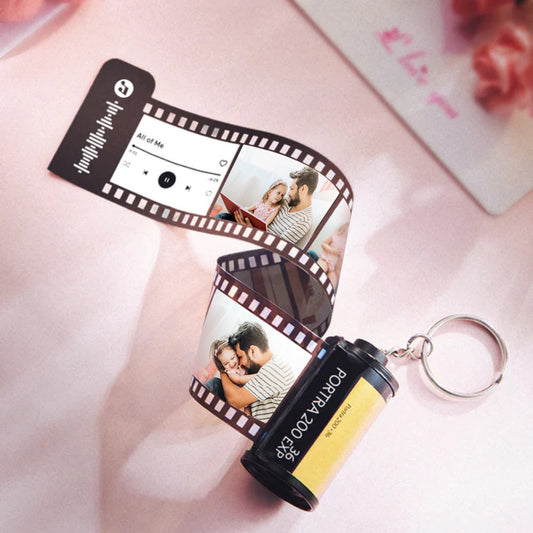 Personalised camera roll keychain with scannable music code and custom photo film reel — perfect personalised gift for Dad