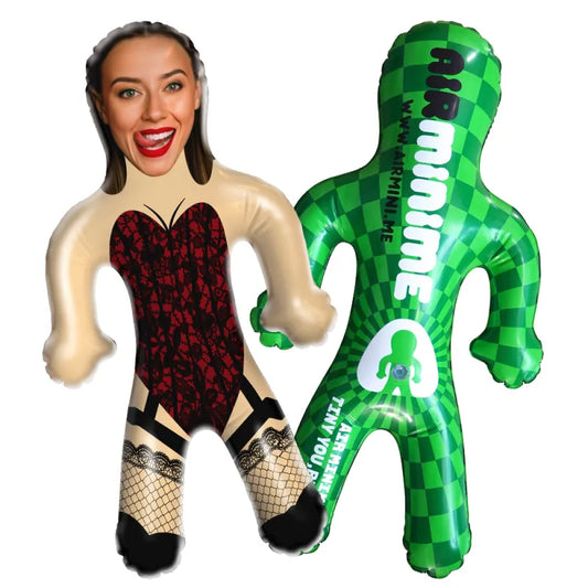 Close-up of the personalised face print on the inflatable doll, showcasing photo-based customization.