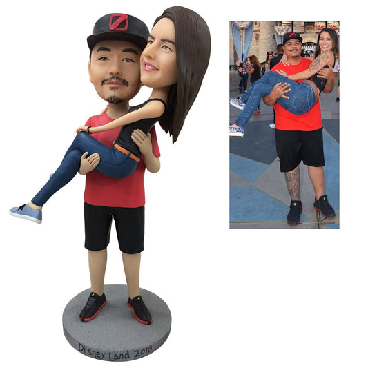 Front view of personalised 2‑person bobbleheads custom couple figurine, handmade polymer clay with customised faces and fixed body pose — ideal wedding or anniversary gift