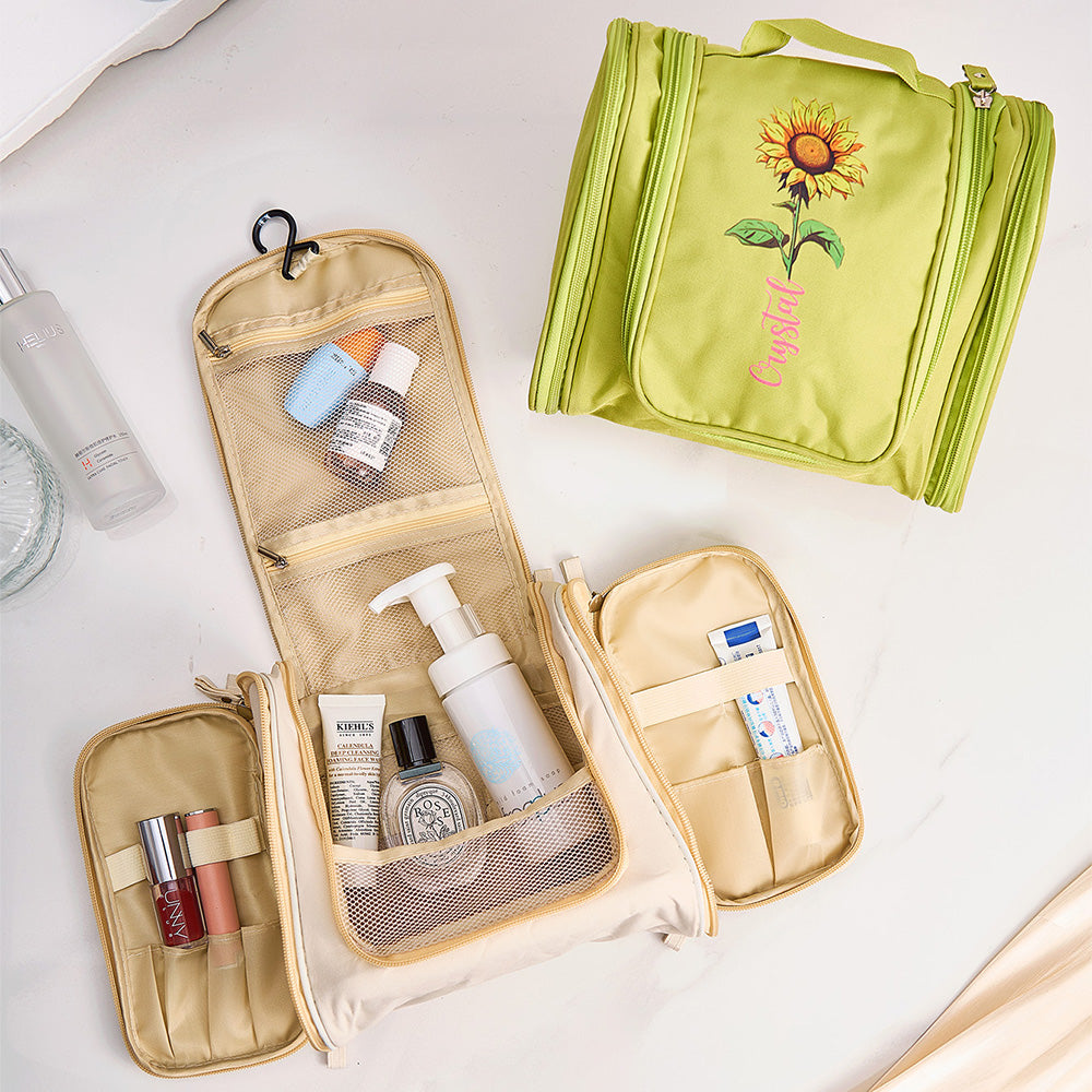 Close-up of sturdy hanging hook and top zip on personalised waterproof toiletry bag for hands-free access in bathrooms and hotel rooms