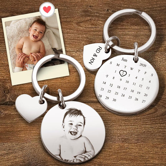 Personalised Photo Engraved Keyring — round stainless steel key charm with engraved photo and custom date, ideal anniversary save-the-date gift