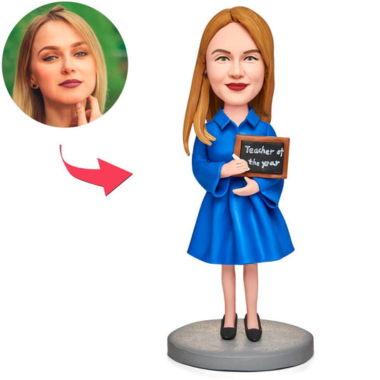 Teacher of the Year personalised bobblehead with engraved base – customised head from photo, premium polymer clay desk gift for teacher appreciation and end-of-term presents