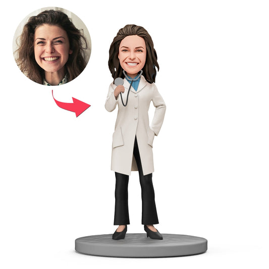 Custom paediatrician bobblehead in white coat with stethoscope, personalised engraved text on base — handmade polymer clay doctor gift for medical graduation or thank you