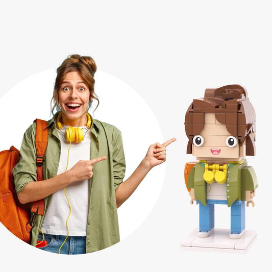 Personalised full-body brick figure (1 person) – front-facing custom mini figure made from your photo, accurately reproducing hairstyle and outfit in durable ABS building blocks