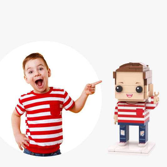 Full-body personalised brick figure of one person on a white background — a custom mini figure made from a photo, ideal bespoke minifigure gift