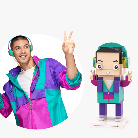 Personalised full‑body custom Brick Me figure (1 person) made from a photo — small particle block toy with customised face, hairstyle and clothing; ideal personalised gift